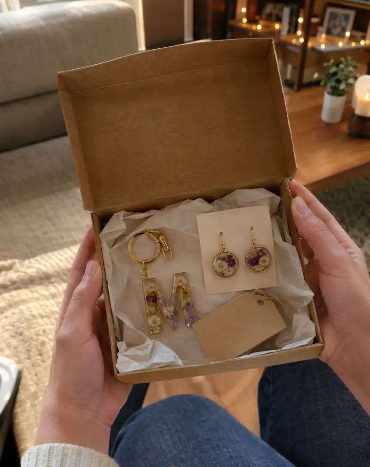 Caja de regalo con llavero y aretes de resina